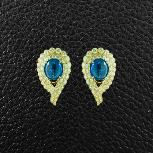 Handmade Earrings For Brides-Cabochon Natural Sapphire & Diamond Van Cleef Estate Earrings