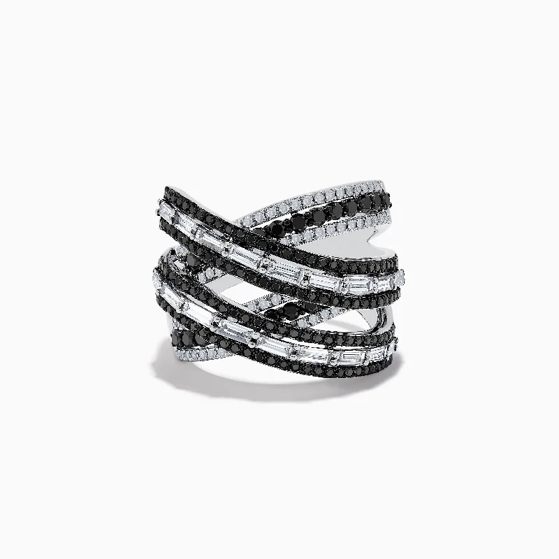 Fashion rings with gemstones-14K White Gold Black and White Diamond Criss Cross Ring