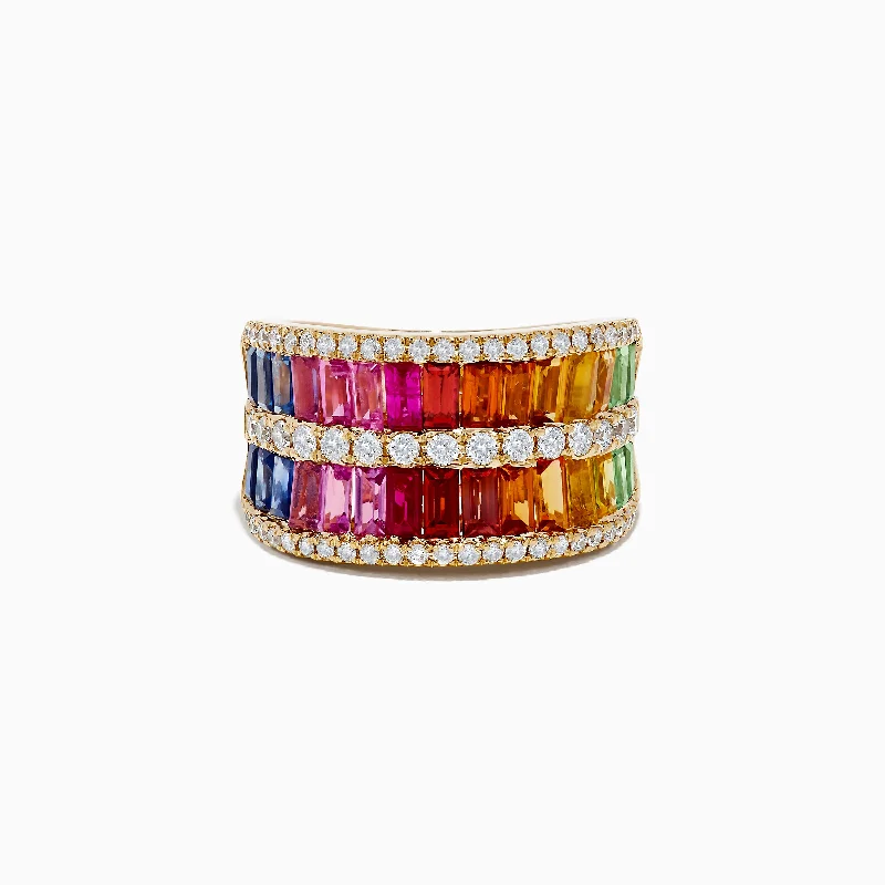 Women's wedding rings with gemstones-Watercolors 14K Yellow Gold Multi Sapphire and Diamond Ring