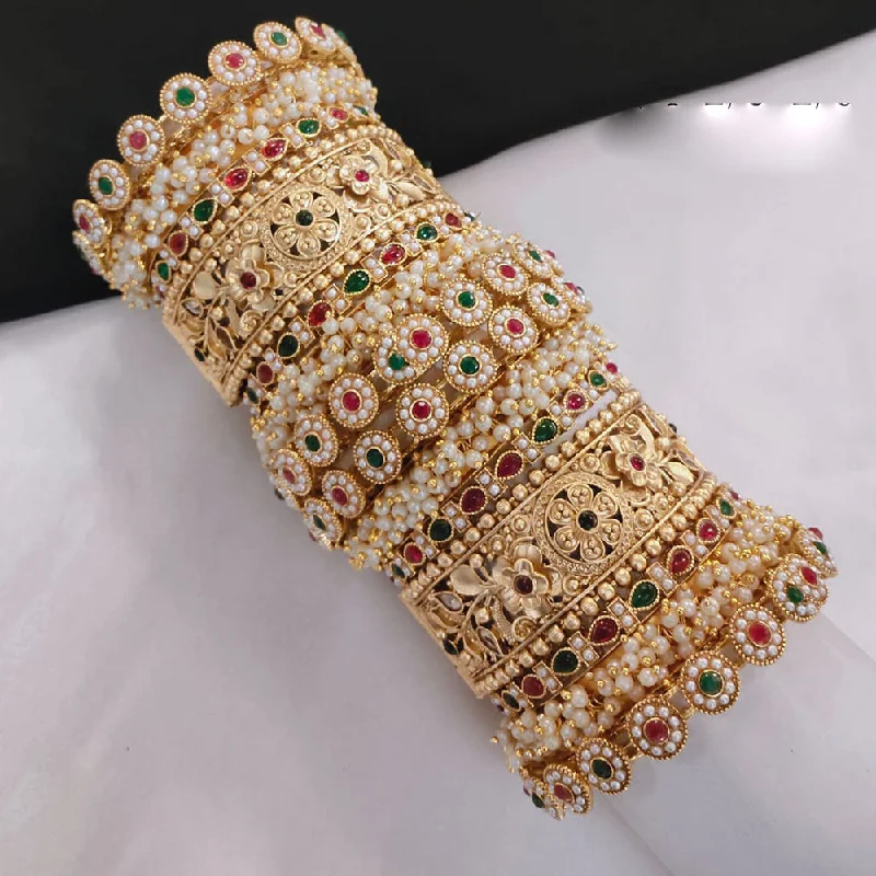 Silver Bangles With Elegant Work-Akruti Collection Gold Plated Pota Stone And Pearl Openable Bangle Set