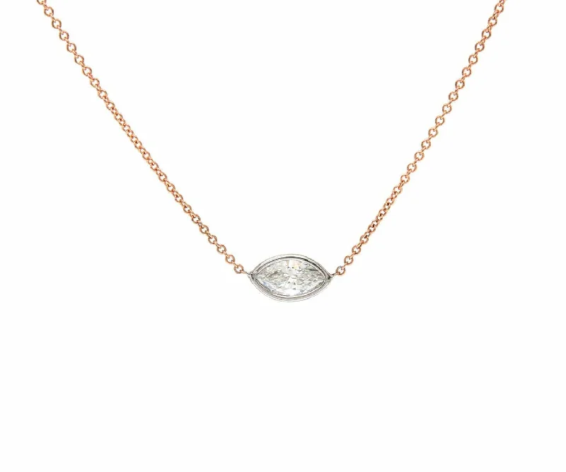 Gold Name Necklaces -0.58ct Sideways Marquise Diamond Bezel Set Solitaire Pendant Necklace In 14K