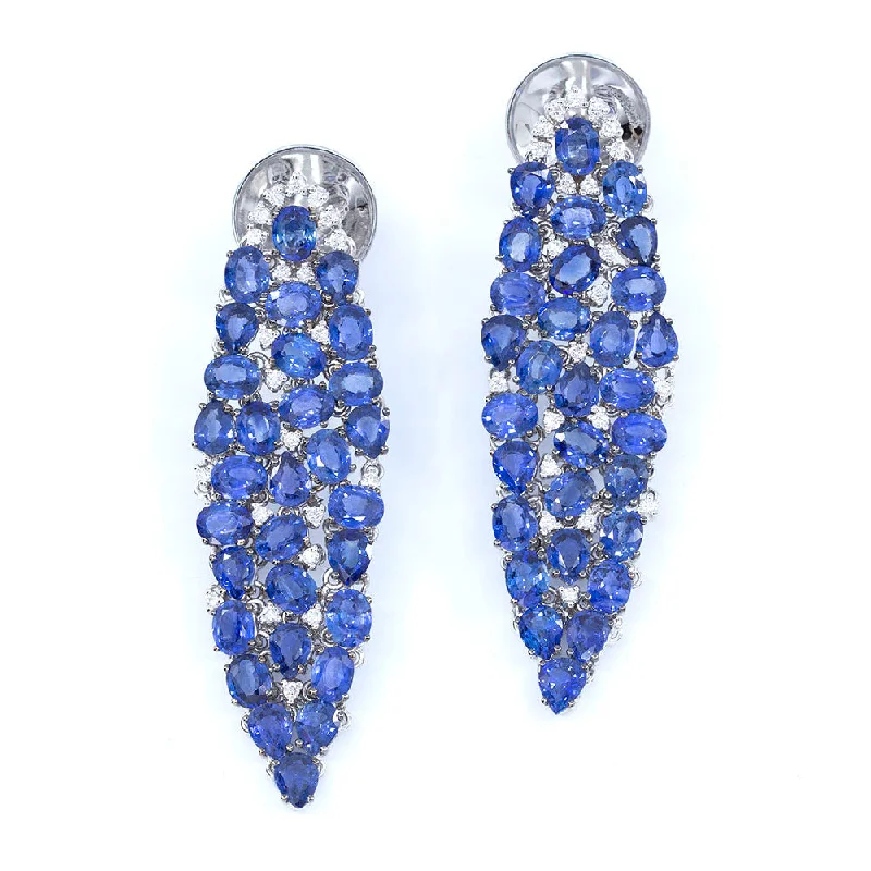 Wedding Earrings For Bridesmaids-Elongated Marquise Shaped Sapphire & Diamond Cluster Earring