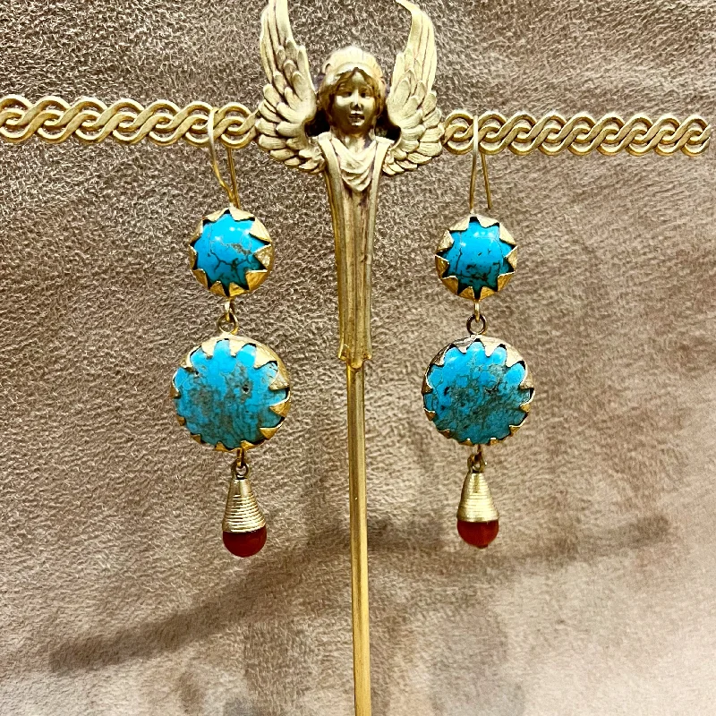 Unique Earrings For Wedding-Etruscan style turquoise and carnelian gold drop earrings