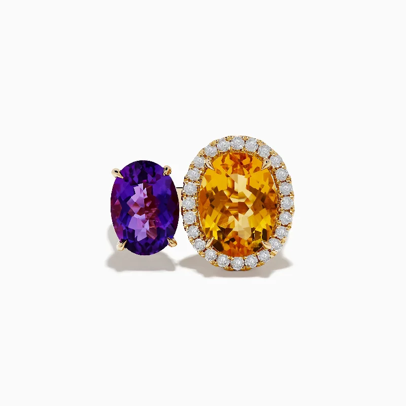 Fashion rings with custom engravings-14K Yellow Gold Amethyst and Citrine Diamond Toi Et Moi Ring