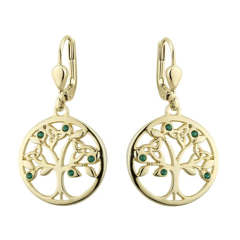 Feather Dangle Earrings-Gold Plated Crystal Tree Of Life Drop Earrings