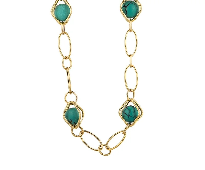 Simple Necklaces -Turquoise Cabochon Beads Station Link Necklace in 14K