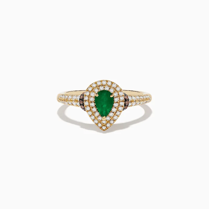 Fashion rings with unique designs-Brasilica 14K Yellow Gold Emerald, White and Espresso Diamond Ring