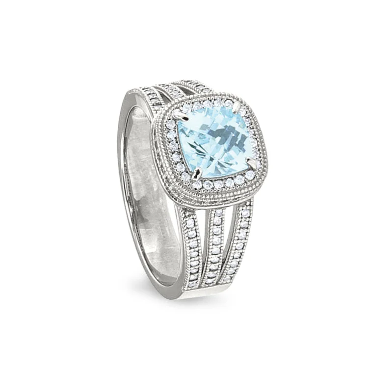 Affordable gold wedding bands-Platinum Finish Sterling Silver Micropave Ring with Simulated Aquamarine and Simulated Diamonds