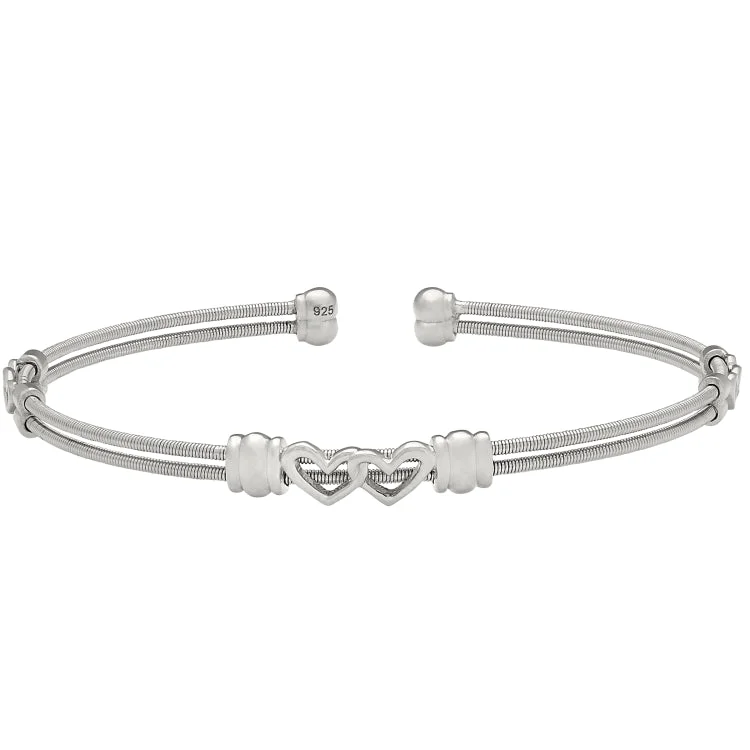 Friendship Bracelets For Kids-Rhodium Finish Sterling Silver Two Cable Cuff Bracelet with Two Linked Hearts