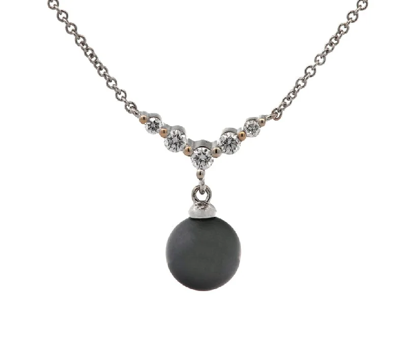 Beaded Necklaces -8.50MM Black Tahitian Pearl and 0.27ctw Diamond Pendant Necklace in 18K