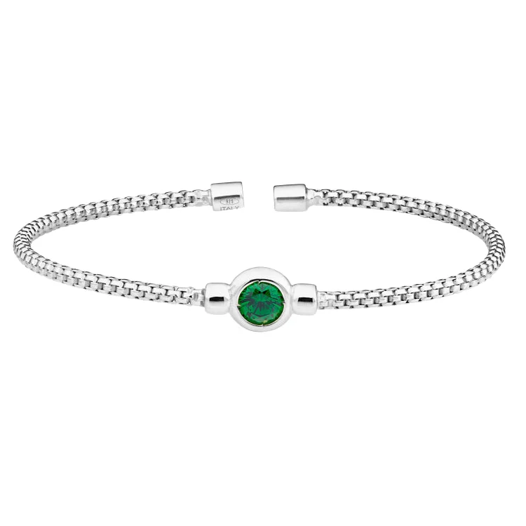 Double Layer Bracelets For Women-Rhodium Finish Sterling Silver Rounded Box Link Cuff Bracelet with Bezel Set Simulated Emerald Birth Gem