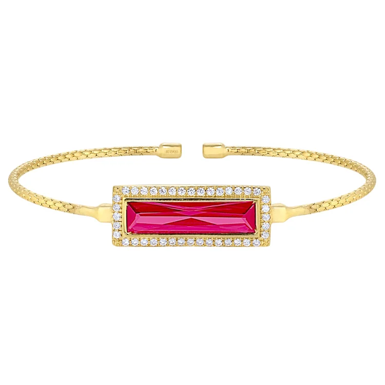 Personalized Gold Chain Bracelets-Gold Finish Sterling Silver Cable Cuff Bracelet with Rectangular Simulated Ruby Stone and Simulated Diamonds