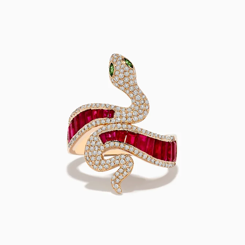 Cocktail rings-Safari 14K Rose Gold Ruby Diamond and Tsavorite Snake Ring