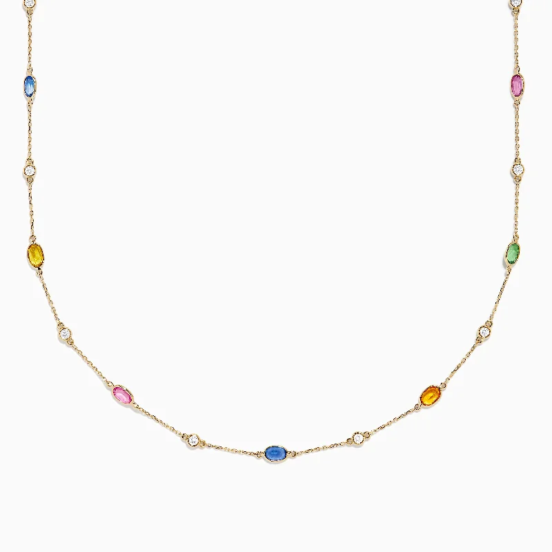 Custom Pearl Necklaces -14K Yellow Gold Multi Sapphire and Diamond Station Necklace