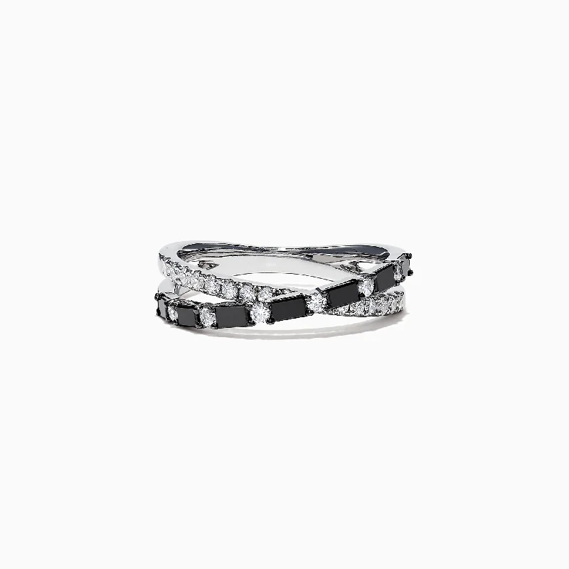 Custom sterling silver engagement rings-14K White Gold Black and White Diamond Crossover Ring, 0.77 TCW