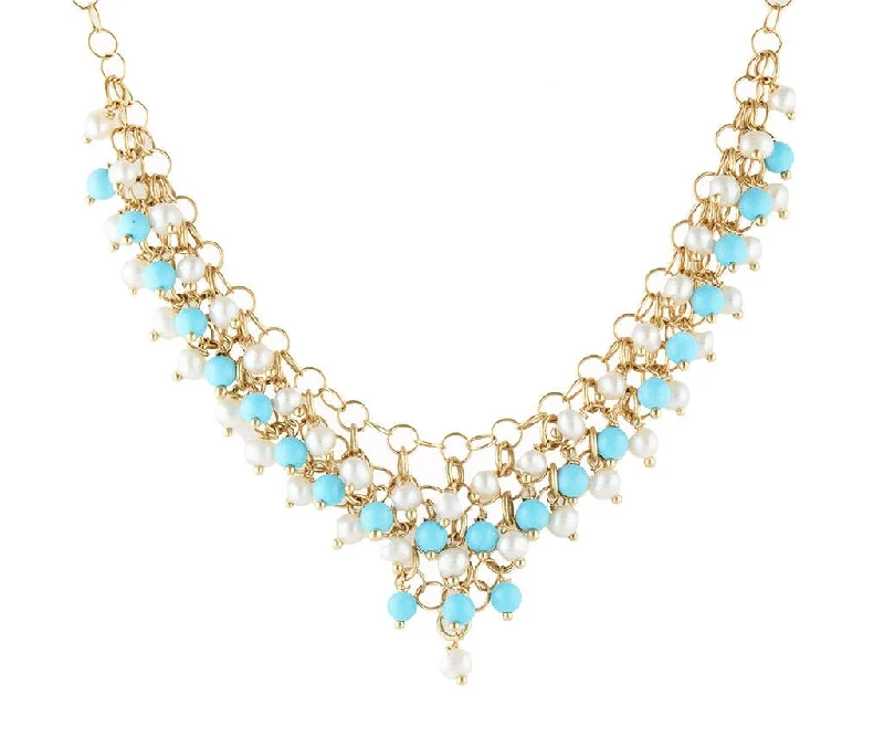 Necklaces for Couples -Turquoise and Pearl Beaded Fringe Statement Necklace in 14K