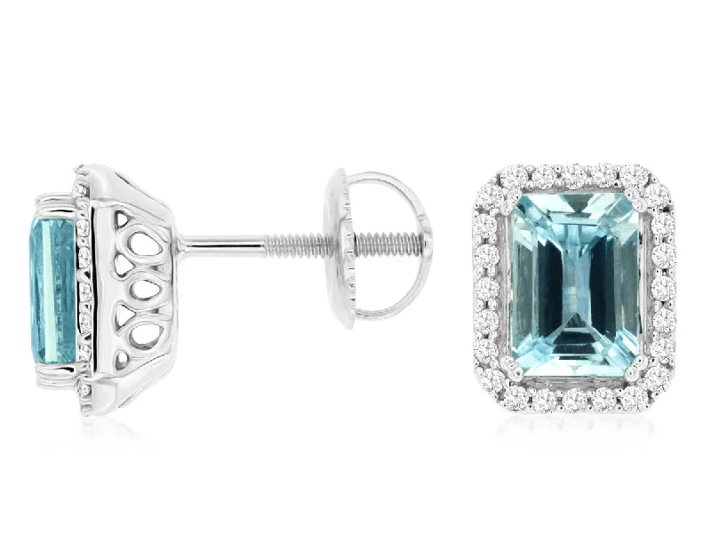 Silver Earrings For Party-14K White Gold Emerald Cut Aquamarine Diamond Halo Stud Earrings