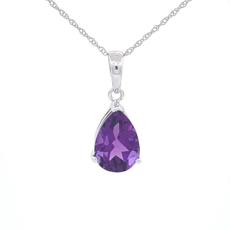 Silver Charm Necklaces -Pear Amethyst Solitaire Pendant