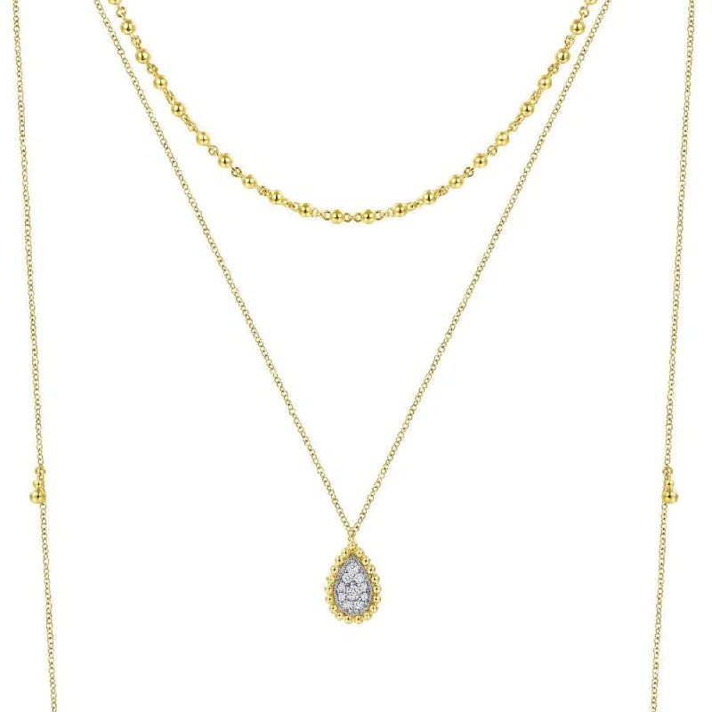 Personalized Love Necklace Gifts -Gabriel & Co. - NK6369M45JJ - 14K Yellow Gold 3 Strand Teardrop Diamond Pav‚ Necklace with Drops