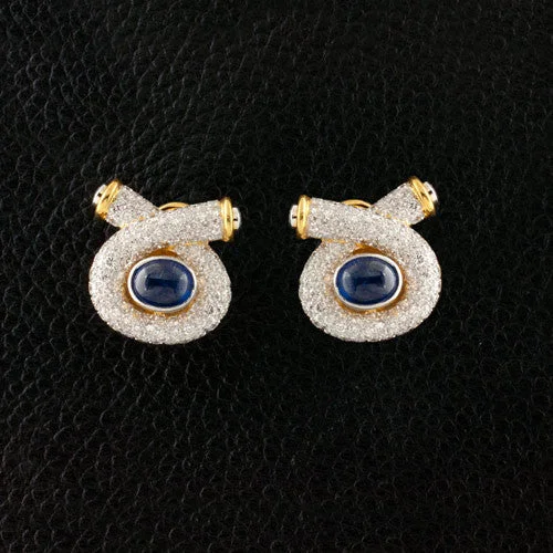 Stud Earrings For Women-Cabochon Sapphire & Diamond Estate Earrings