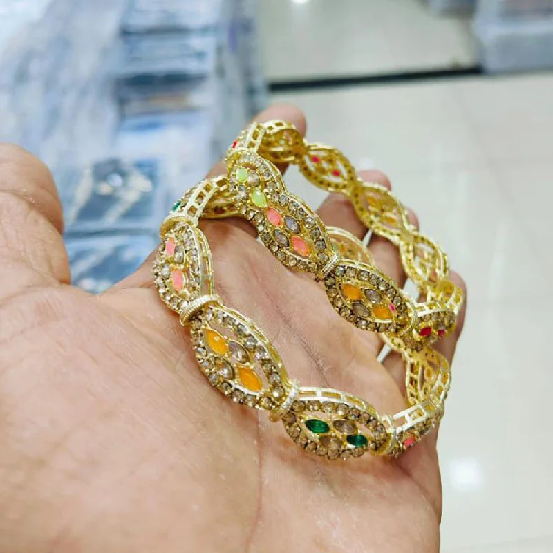 Gold Bangles With Diamond Detailing-Pooja Bangles Gold Plated Austrian Stone Bangle Set