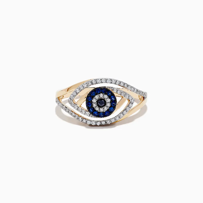 Custom rings for anniversaries with engravings-Novelty 14K Yellow Gold Blue Sapphire and Diamond Evil Eye Ring