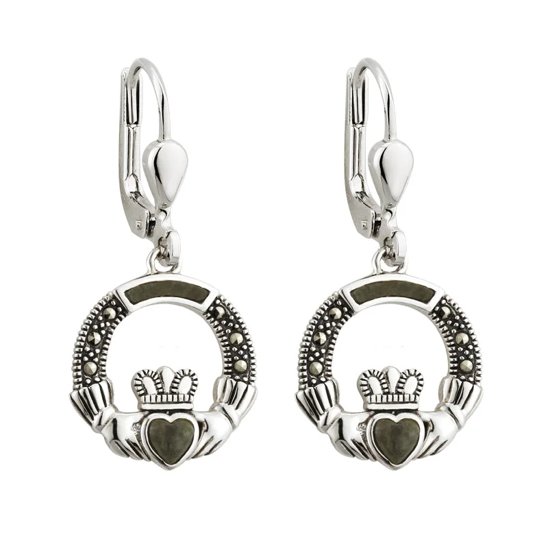 Huggie Earrings-Connemara Marble Claddagh Earrings