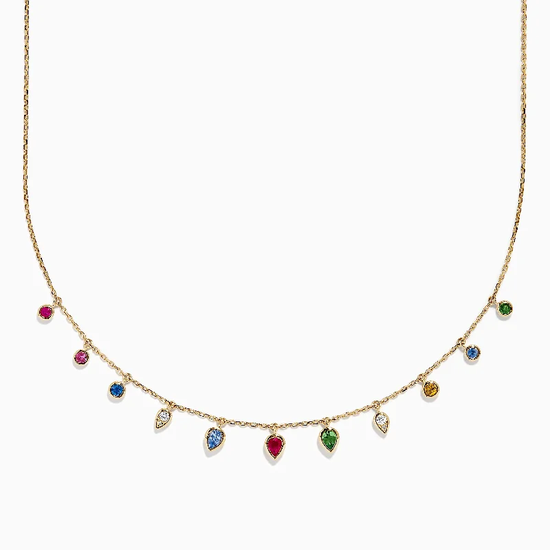 Luxury Silver Necklaces -14K Yellow Gold Multi Sapphire Diamond Rain Drop Station Necklace