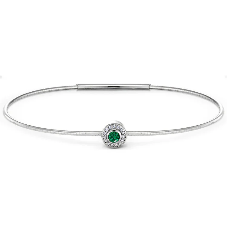 Fashion Bracelets With Stones For Women-Platinum Finish Sterling Silver Round Simulated Emerald Birth Gem Bracelet with Simulated Diamonds