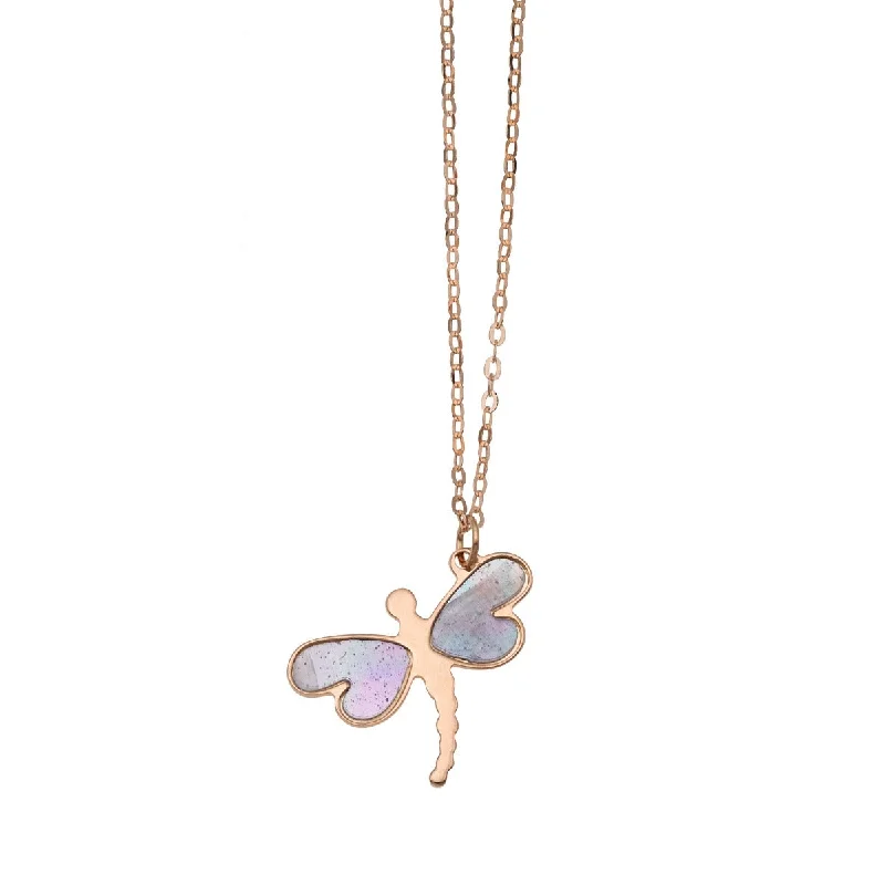 Zodiac Charm Necklaces -14K Rose Gold 18" La Perla Pink Mother of Pearl Dragonfly Necklace with Extender PRC9711-18