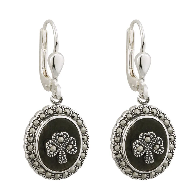 Floral Earrings-Marcasite Shamrock Connemara Marble Earrings