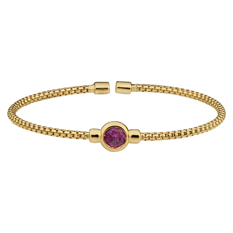 Custom Bracelets For Couples With Names-Gold Finish Sterling Silver Rounded Box Link Cuff Bracelet with Bezel Set Simulated Ruby Birth Gem