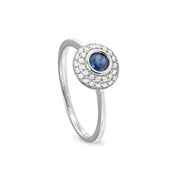 Affordable gold engagement rings-Platinum Finish Sterling Silver Micropave Ring with Synthetic Blue Sapphire and Simulated Diamonds