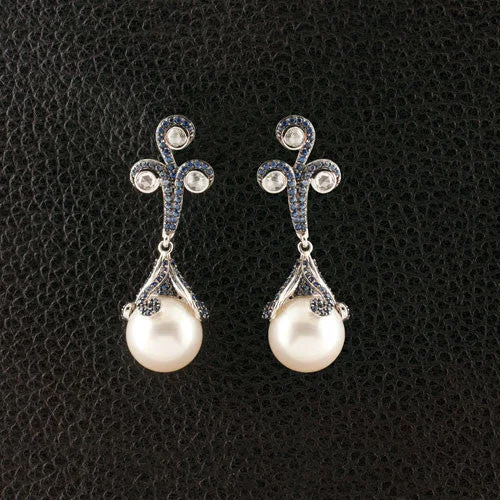 Minimal Earrings-Pearl, Sapphire & Diamond Dangle Earrings