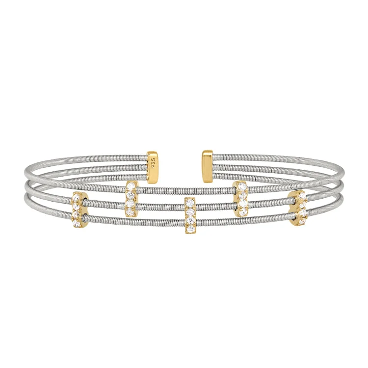 Gold And Silver Bracelets For Women-Rhodium Finish Sterling Silver Three Cable Cuff Bracelet with Gold Finish Simulated Diamond Five Small Vertical Bars