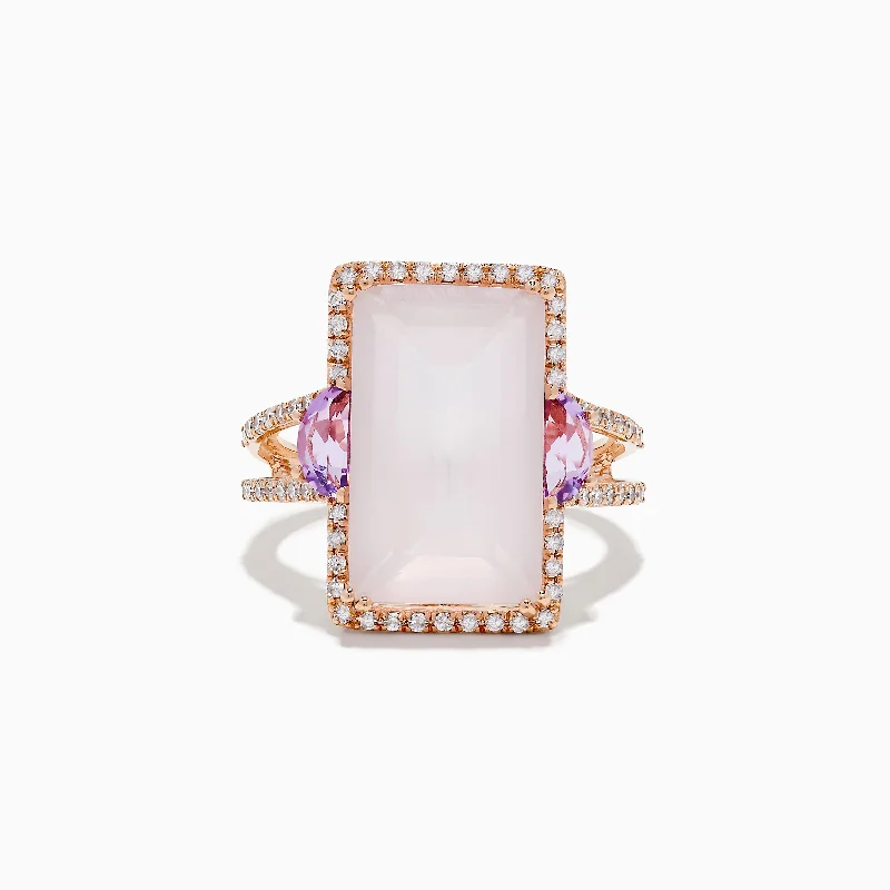 Birthstone rings-14K Rose Gold Pink Rose Quartz, Pink Amethyst and Diamond Ring