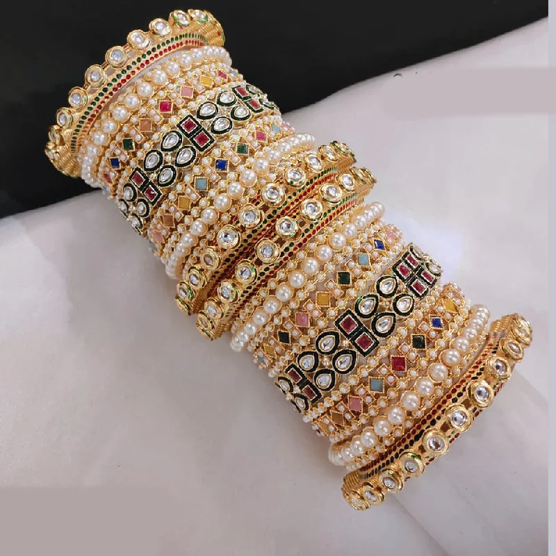 Gold Bangles With Simple Design-Akruti Collection Gold Plated Pota Stone And Pearl Openable Bangle Set