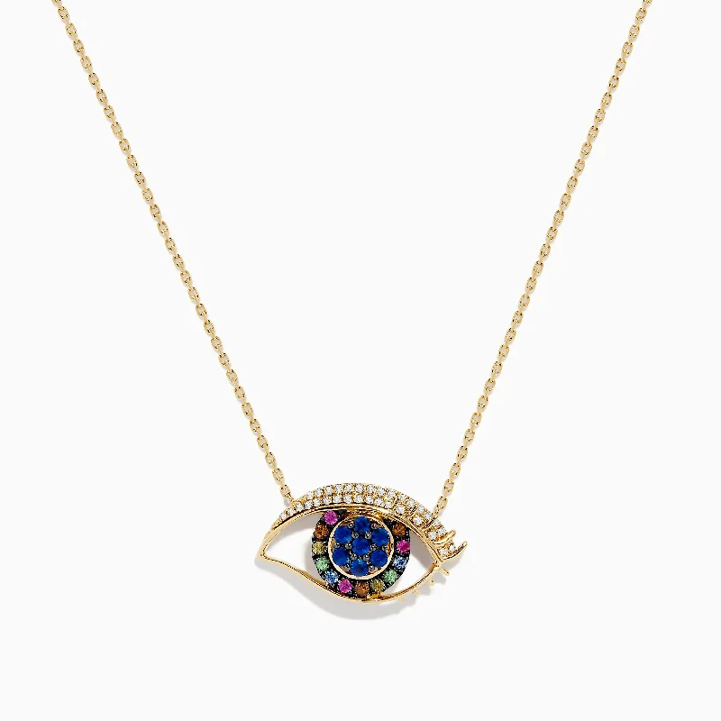 Wedding Party Necklaces -Novelty 14K Yellow Gold Multi Sapphire and Diamond Evil Eye Necklace