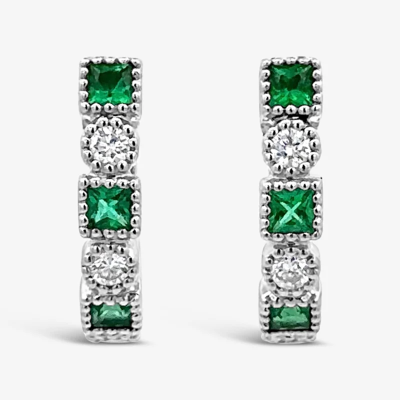 Gold Earrings Set-Emerald & Diamond Bead Design U-Hoop Earrings