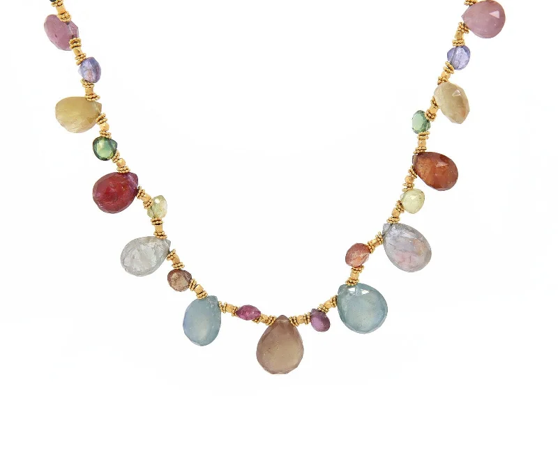 Layered Gold Necklaces -60.0ctw Multi-Color Briolette Stones Necklace in 21K