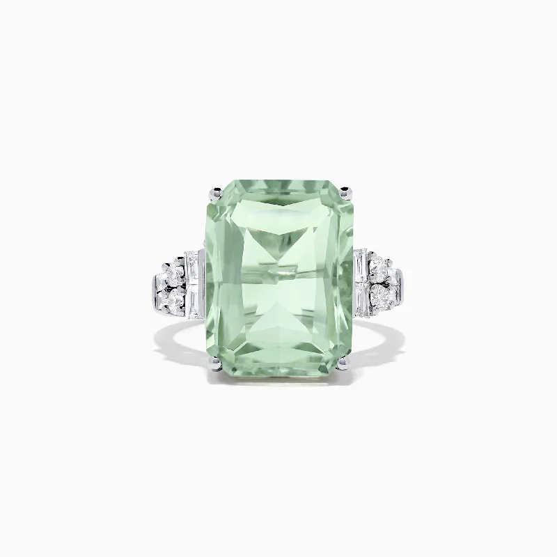 Custom gold wedding bands with emeralds-14K White Gold Green Amethyst and Diamond Cocktail Ring, 11.94 TCW