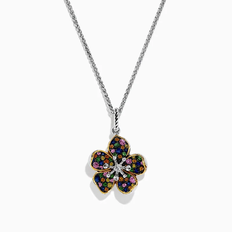 Luxury Necklaces -Splash Sterling Silver Diamond, Sapphires & Tsavorite Flower Necklace