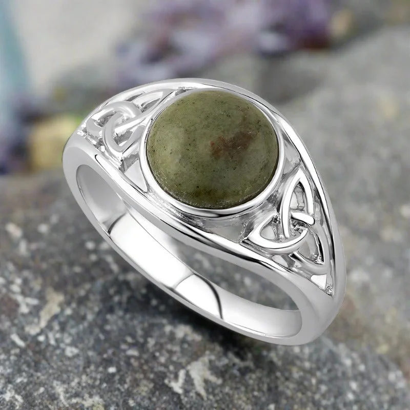 Custom gemstone engagement rings-Connemara Marble Celtic Trinity Knot Ring