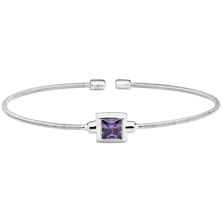 Personalized Charm Bracelets For Kids-Rhodium Finish Sterling Silver Cable Cuff Bracelet with Princess Cut Simulated Light Amethyst Birth Gem