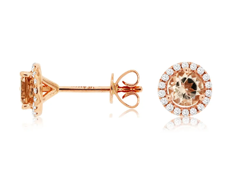 Gold and Silver Earrings-14K Rose Gold Round Morganite Diamond Halo Stud Earrings