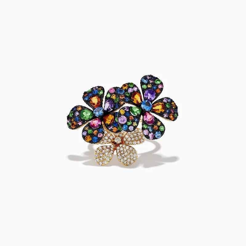 Luxury silver engagement rings-Watercolors 14K Yellow Gold Multi Sapphire & Diamond Flower Ring