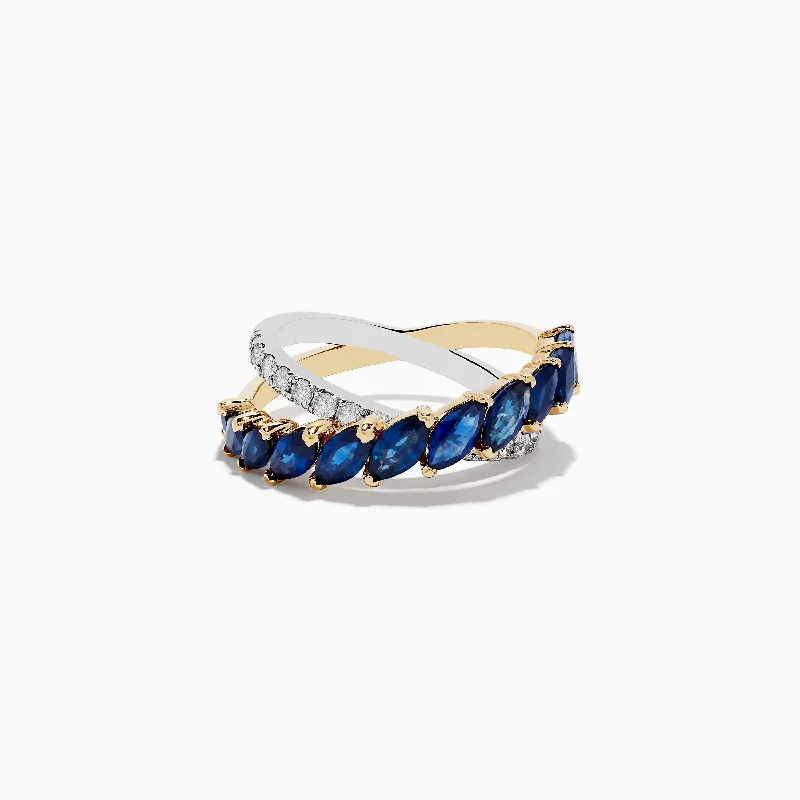 Heart-shaped engagement rings-14K Two-Tone Gold Blue Sapphire and Diamond Crossover Ring