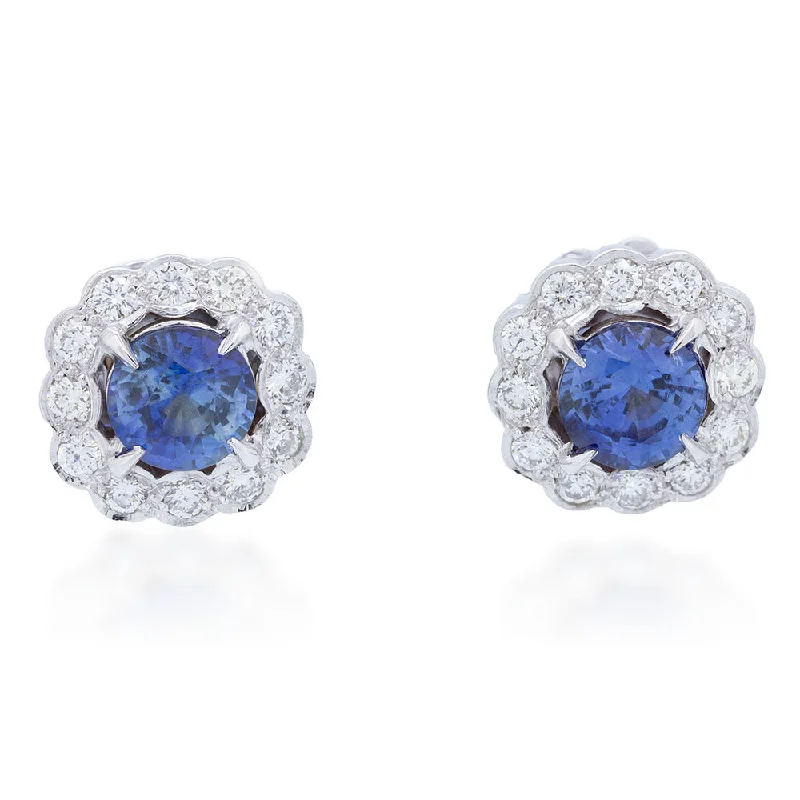 Sterling Silver Stud Earrings-Sapphire & Diamond Halo Earring