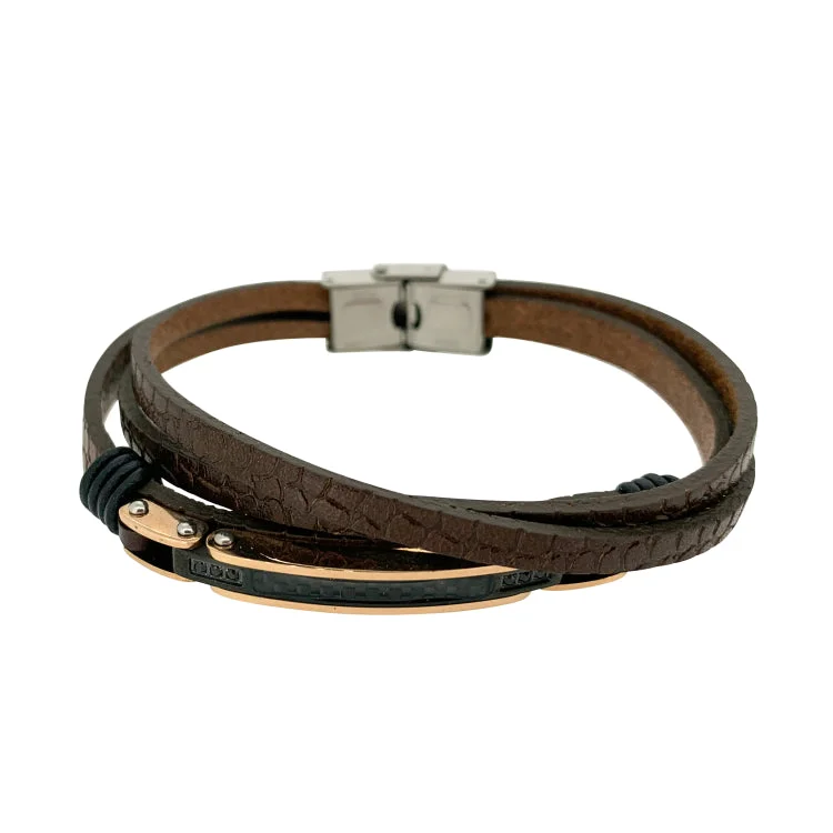 Friendship Bracelets For Wedding Gifts-Brown Leather 3 Cord Bracelet With Central Gold And Black Steel Bar