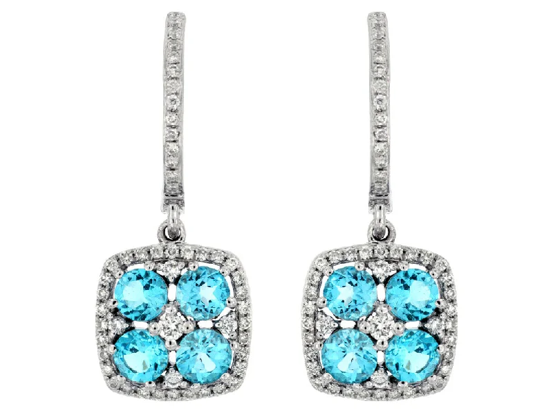 Chic Gold Earrings-14k White Gold Blue Topaz and Diamond Halo Dangle earrings wc6803b